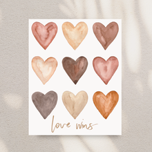 Load image into Gallery viewer, Heart Love Art Print 8x10 – Love Wins Watercolor Hearts Wall Art on Linen Texture Cardstock