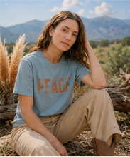 Load image into Gallery viewer, Peace T-Shirt | Women's Relaxed Boyfriend Cotton Graphic Tee – Blue Grey